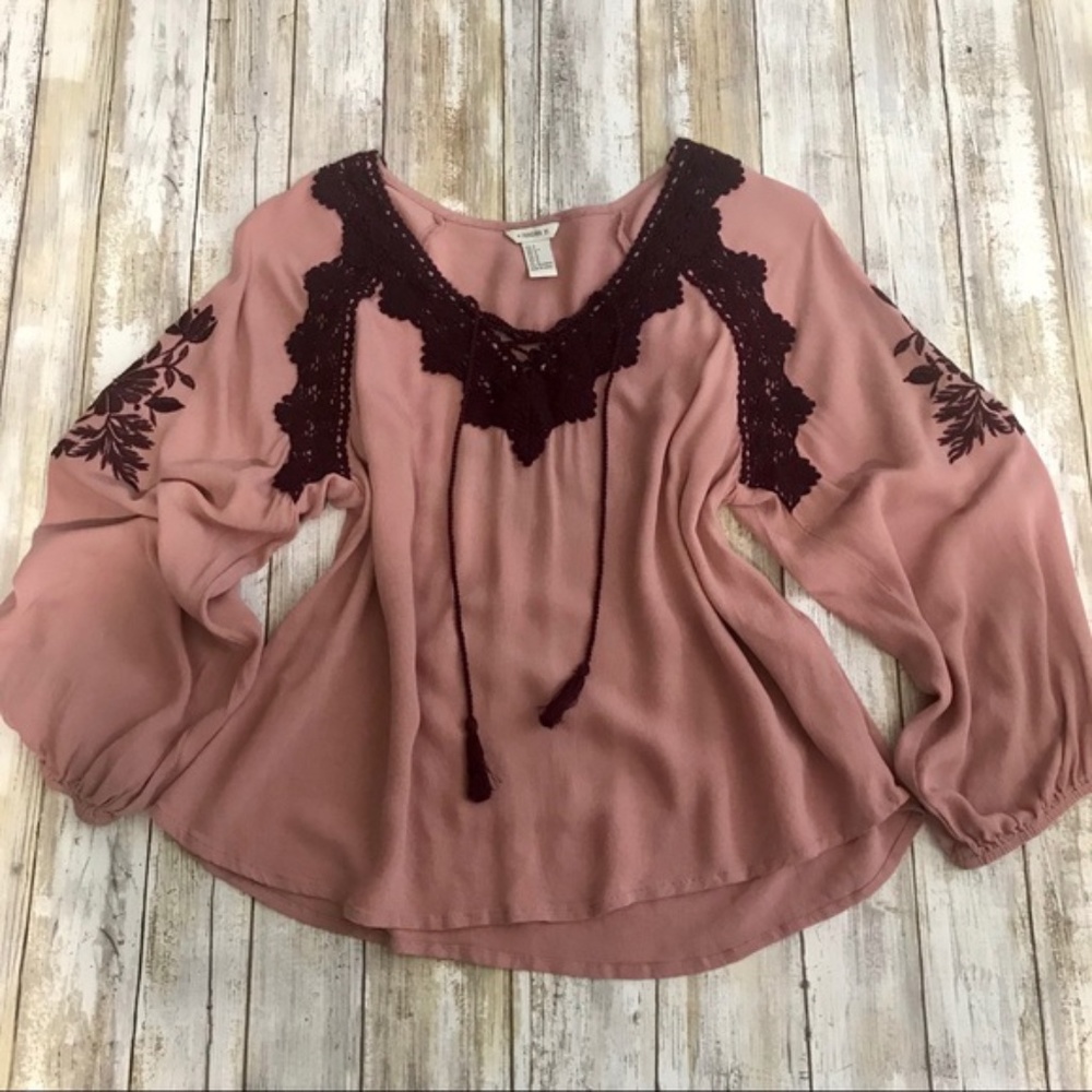 mauve and burgundy embroidered lace up peasant top